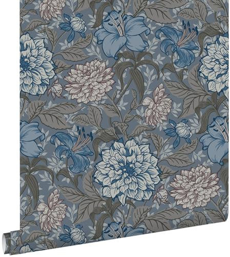 papier peint fleurs vintage bleu gris et gris chaud 53 cm x 10.05 m - ESTAhome