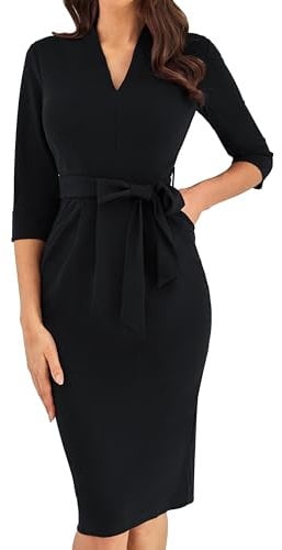 GRACE KARIN Women Plus Size Pencil Dress 3/4 Sleeve Work Office Bodycon Dress with Pockets High Waist Slim Stretch Dress V Neck Loose Dress XXL Black Size 22