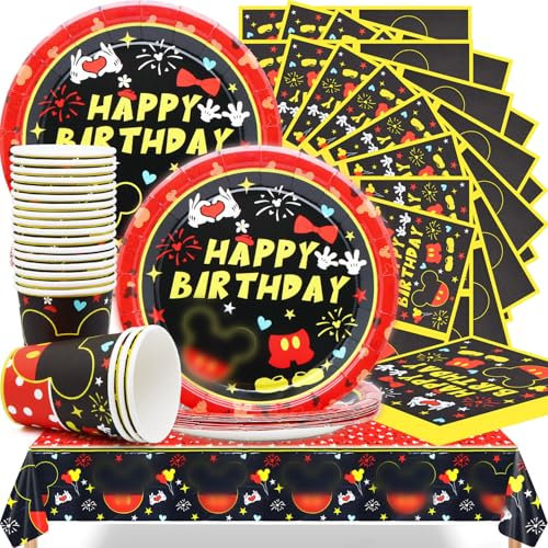 Huaxintoys Lot de 61 vaisselle de fête en forme de souris, Mickey pour fête d'anniversaire, mariage, anniversaire avec assiettes, gobelets en carton, serviettes et nappe (20 invités)
