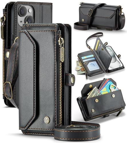 UFinetech for iPhone 15 Case, Crossbody Wallet Phone Case with RFID Blocking Kickstand, Anti-Drop Wireless Charging Card Slots, PU Leather Shoulder Bag Clutch Adjustable Strap, Black for Women