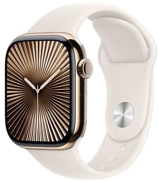 Apple Watch Series 10 GPS + Cellular 42 mm Smartwatch with Gold Titanium Case with Starlight Sport Band - S/M. Fitness Tracker, ECG App, Always-On Retina Display, Water Resistant