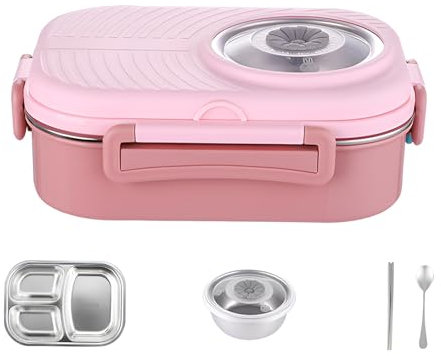 Accmuzzy 1100ml/38.7Oz Stainless Steel Bento Lunch Box with Compartments, Salad Lunch Box for Hot Food Storage, Meal Prep Containers with Cutlery, Thermos (Pink)