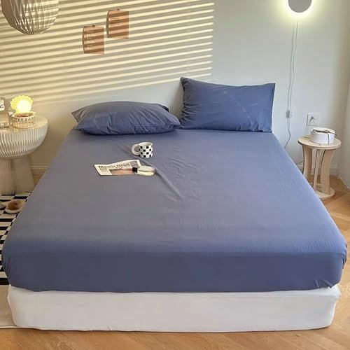 Ayoiow Spannbettlaken Und Kopfkissenbezug 220x180cm, Spannbetttücher Polyester Einfarbige Farbe Spannbetttücher Marine Blau