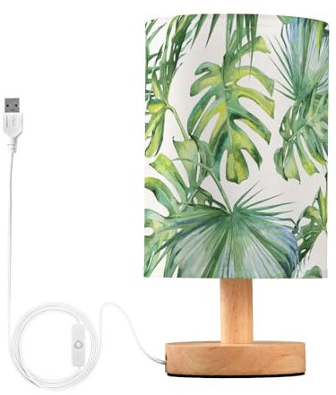 Mnsruu Lampe de chevet jungle tropicale avec feuilles de palmier vertes Lampe de chevet LED Lampe de bureau Abat-jour en tissu Petite lampe pour chambre à coucher Salon (ampoule incluse)