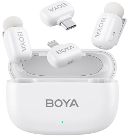 BOYA Mini Microfono Wireless per iPhone Android, Microfono Lavalier Ultraleggero 5g con Lightning/USB-C Plug, Voice Change, Riduzione del Rumore, 30h, Microfoni Wireless professionali, Bianco