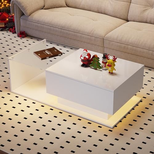 Merax White High Gloss Coffee Table, LED Coffee Table with Storage Drawer and Shelf, Glass Desktop, Sofa Side End Table for Living Room, Home Office, 100x50x32cm