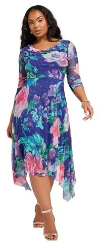 Yours London Curve Floral Asymmetric Cowl Neck Mesh Dress - Women's - Plus Size Curve Blue