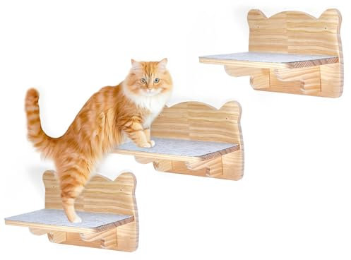 Ricyea Kletterwand Katzen Set, 3er Kletterstufen Katzentreppe Wand, Katzenmöbel aus Massivholz für Katzen Klettern, Spielen, Wandmöbel Katze Wandregale bis zu 35 KG