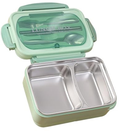 Tudaheuiy Fiambrera con 2 Compartimentos y Cubiertos, Lunch Box Infantil Adulto Acero Inoxidable Lunch Box Portátil Fiambrera Hermetica Comida Trabajo Escuela Picnic Microondas(Verde)