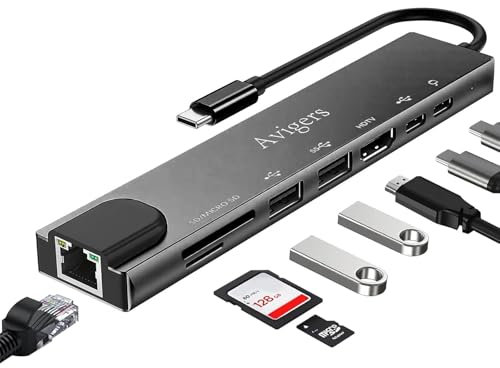 USB C Hub with Ethernet Adapter, 8 In 1 USB C Multiport Adapter with 100W PD, 4K HDTV, USB 3.0/2.0, Type C Port, SD/TF Card Reader, USB c Adapter for iPhone 16/15, MacBook, iPad, Samsung, Surface, etc