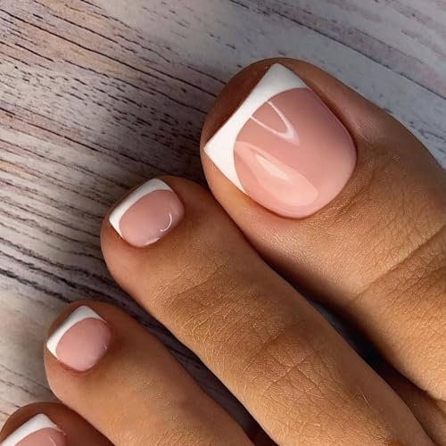 Fake Toe Nails 24Pcs,Stick on Toenails French Tip, Short Square False Nails for Toes,False Toenails with Glue,Full Cover Instant Nails for Women & Girls