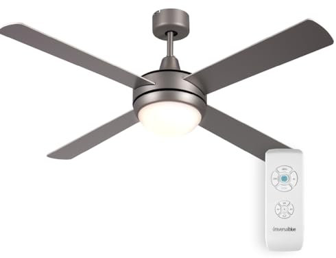 UNIVERSALBLUE, Ventilatore da Soffitto Inox con Luce, 106 cm, 55 W, 4 pale reversibili Bianco/Inox, 3 velocità, telecomando, timer, funzione invernale