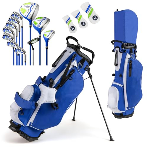 GYMAX Golf Clubs for Men Women, 12PCS Right Handed Complete Golf Set - 3 Woods (#1#3#5), 5 Irons (#5#6#7#8#9), Sand/Pitching Wedge, Putter, 3 Head Covers, Rain Hood & Stand Bag