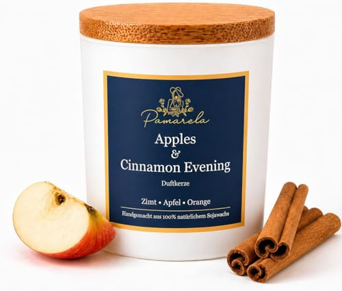 Duftkerze Apple & Cinnamon Evening – 330 g natürliche Sojawachskerze mit Holzdocht – Apfel- und Zimtaroma – 80 Stunden Brenndauer – handgemachte Deko-Kerze von Pamarela