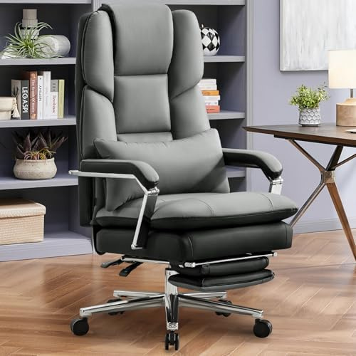 Ckaff Fauteuil de Direction, Chaise de Bureau avec Repose-Pieds, Ergonomique Fauteuil de Bureau Cuir PU Inclinable avec Support Lombaire, Chaise d'Ordinateur Coussin Épaissi 200kg, Gris