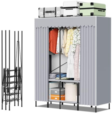 Daromigo Faltbarer Stoffschrank ohne Montage, mobiler Kleiderschrank 138×170×48 cm mit Stahlrohrrahmen bis 100 kg, 48 cm Tiefe Stauraum, 360° Staub- und Sichtschutz, für Mietwohnung & kleine Räume