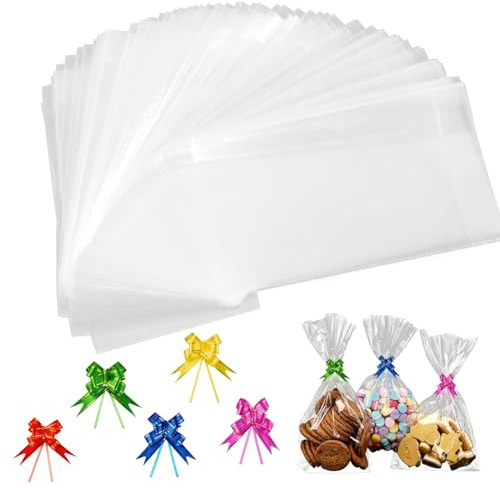 50 Stück Cellophantüten,15 x 30 cm Transparente Cellophantüten Tüten Zum Befüllen Verpackungstüten mit 50 Geschenkschleife,mit Krawatten für Brot Biscuit Schmuck Hochzeit Snacks Keks Party