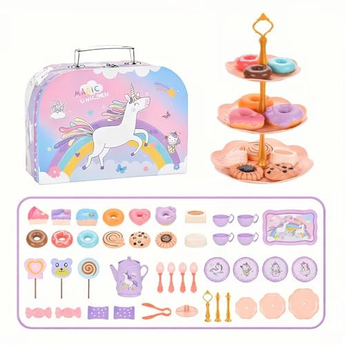TOY LAB Children’s Tea Party Play Kitchen Set – Classic Pretend Play Tea Cup Set with Teapot, Saucers & Food Toys – Kitchen Role Play Toy for Girls & Boys, Imaginative Social Play Gift