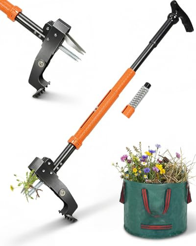 HAUSPROFI Désherbeur Manuel Extracteur (91-118 cm), Arrache-Mauvaise Herbe avec Sac de Jardin 50 L, Arrache-Pissenlit Équipé de 4 Griffes Métalliques et d'une Pédale, Rétractation Automatique