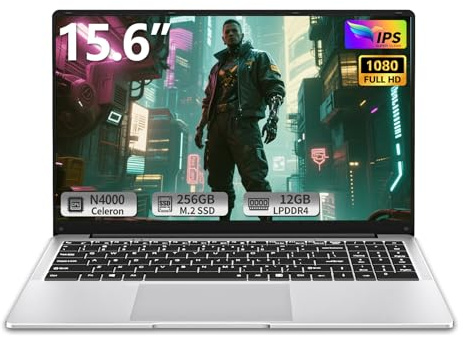 PC Portatile 15,6 Pollici con Processore Celeron N4000, 12GB RAM 256GB SSD, Notebook Schermo FHD Apertura 180°, Laptop Mini-HDMI USB3.0 WiFi5 BT4.2 Webcam Espansione SSD 1TB, Computer Portatile