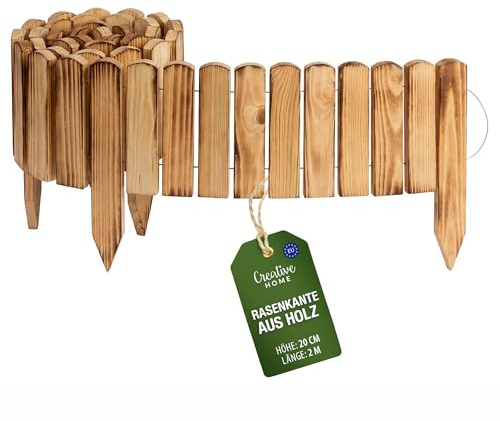 Creative Home Rasenkante Beeteinfassung Holz 200 x 20 cm (L x H) Geflammt | Flexible Beetumrandung 20 cm hoch Gartenzaun zum Stecken | Als Beetbegrenzung, Holzzaun, Deko Zaun, Mähkante, Beetzaun