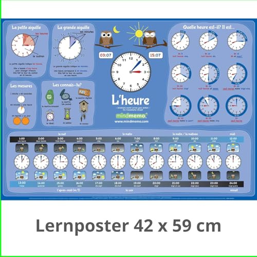 mindmemo Lernposter - L'HEURE - Uhrzeit lernen Französisch für Kinder Uhr lernen apprendre l'heure Lernhilfe Zusammenfassung Poster DIN A2 42x59 cm ... A2 42x59 cm PremiumEdition in Transportrolle