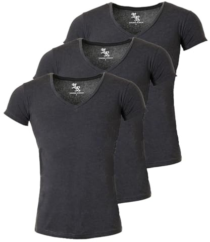 Young & Rich Herren Uni T-Shirt mit extra tiefem V-Ausschnitt Slimfit Stretch Dehnbare Passform einfarbiges Basic Shirt - 3er Pack, Grösse:3XL, Farbe:Dunkelgrau