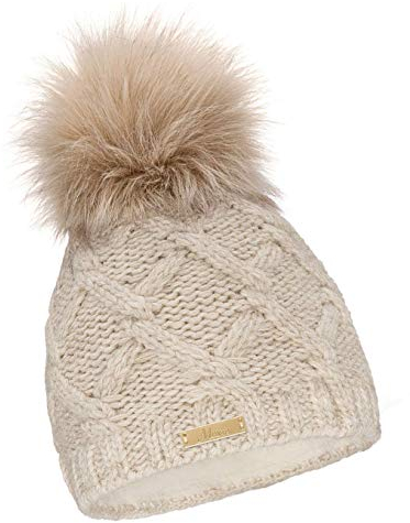 Mikos* Damen Warme Strickmütze mit Bommel | Innenfleece Bommelmütze | Fellbommel Mütze für Winter | Ski Mütze (682) (Beige)