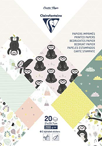 Clairefontaine 95266C Block mit 20 Blatt, bedrucktem Papier DIN A4, 200g, 1 Block, 10 Motiven sortiert, Faultier