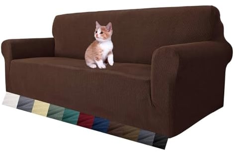 MAXIJIN Super Stretch Couch Bezug für 3-Sitzer Couch, 1-teilige Universal-Sofabezüge Wohnzimmer Jacquard Spandex Möbelschutz Hunde Haustierfreundliche Couch Schonbezug (3 Sitzer, Kaffee)