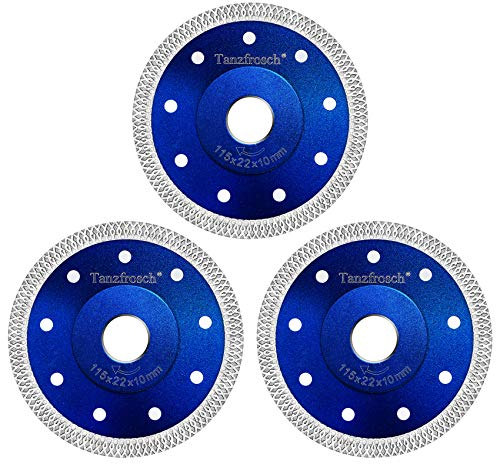Tanzfrosch 4.5 inch Diamond Saw Blade 4.5 Cutting Disc Wheel for Cutting Porcelain Tiles Granite Marble Ceramics Works with Tile Saw and Angle Grinder (3 pack, blue)