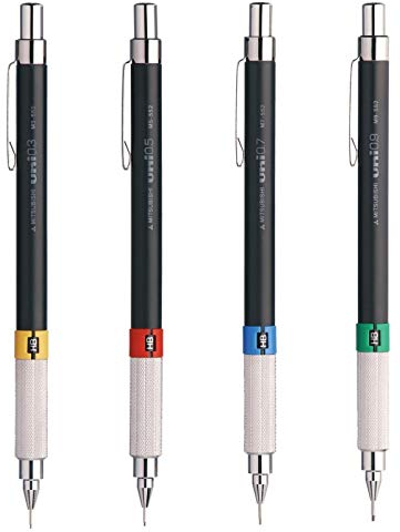 uni-ball - Uni Mitsubishi Pencil - Porte Mines Premium M552 Rechargeables - Dessin Technique - Avec Gradation Réglable et Gomme - Mine NanoDia - Lot Assorti de 4-0,3mm + 0,5mm + 0,7mm + 0,9mm