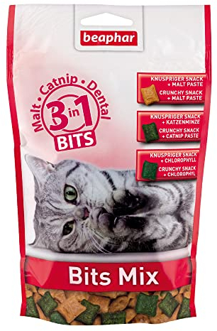 Beaphar Bits Mix - Für Katzen - 3 in 1 - Malt - Catnip - Dental - Katzensnacks - 1er Pack (1 x 150 g)