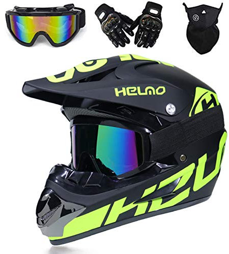 VOMI Mountainbike Motocross Helm Kinder Motorrad Crosshelm mit Helmbrille Handschuhe Maske, Junge/Mädchen Motorradhelm Fullface MTB Enduro Helm für Bike Enduro ATV Schutz (Schwarz,L 56-57CM)