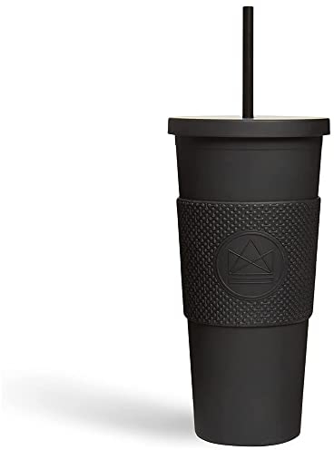 Neon Kactus Rock Star Thermo Becher mit Strohhalm und Deckel, Lebensmittelechte Silikonhülle, Doppelwandig, Auslaufsicher, Matt-Pastellfarbe, Mehrweg Acryl-Becher, gestaltbares DIY-Geschenk, 650ml