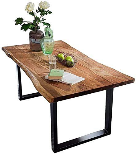 SAM Baumkantentisch 200x100 cm Quarto, Akazienholz massiv + nussbaumfarben, Esstisch mit schwarzem U-Gestell, Esszimmertisch/Holztisch Industrial-Design, Tischplatte 26 mm