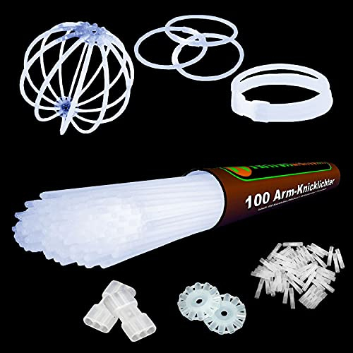 NEON FUN 100 Arm Knicklichter | Weiss/Kaltweiß/Gletscherweiß | Geprüft | 8h | 100 TopFlex Verbinder | 3fach Verbinder | 2 Kreisverbinder, Menge:1 Rolle