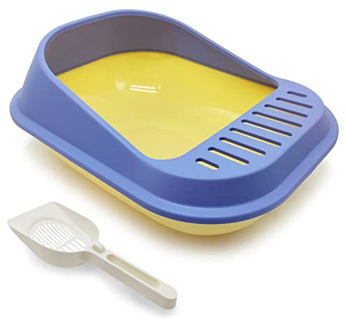 BPS Bandeja Gatos Gatitos con Pala Aseo Arenero Abierto para Mascotas Gatos Bandeja Sanitaria Plástica (Medium, Azul & Amarillo) BPS-5578AZ