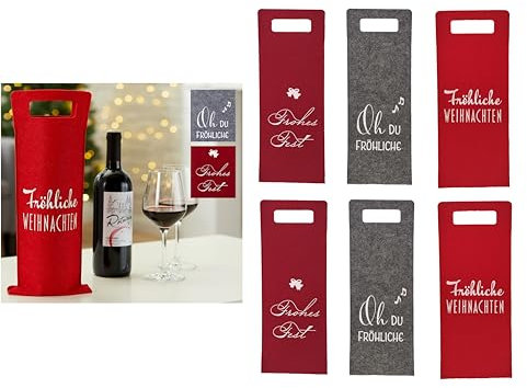 MC-Trend 6er SET Flaschentaschen aus Filz mit Sprüchen 41 cm Geschenktasche Geschenkverpackung Geschenktüte für Flaschen Geschenke Wein Sekt Saft Likör (Weihnachten)