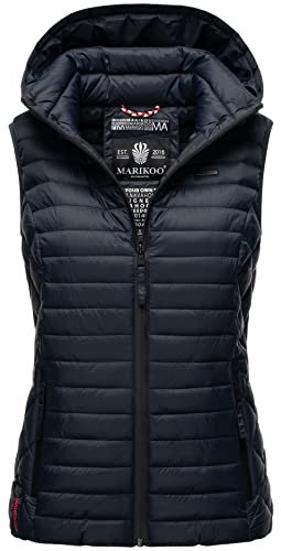 MARIKOO Damen Kapuzenweste für den Übergangs Weste mit Kapuze Steppweste B915 [B915-Hasenp-Navy-Gr.S]