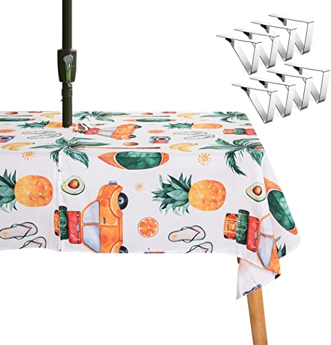 XQKXHZ Outdoor-Tischdecke Mit Schirmloch, wasserdichte Gartentischdecke Mit 8 Tischdeckenklammer Rechteckig Waschbarer Tischdecke Für Frühling, Sommer, Garten, Picknick, Party, Grillen,153x213cm