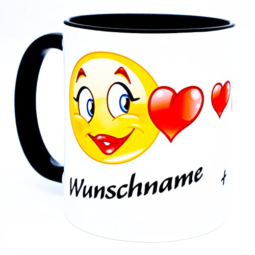 Smiley Kuss Tasse für pärchen personalisiert mit Namen Ich liebe dich Geschenk zum Jahrestag Valentinstag Hochzeitstag für Sie Ihn Freund Freundin Ehe Mann Frau Partner Beziehung Becher Keramik 330 ml