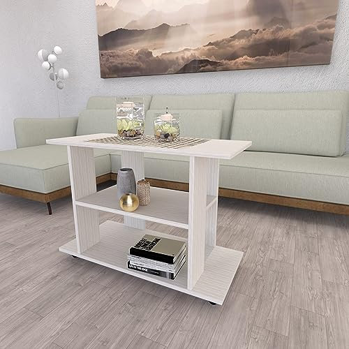 Henor Tavolo su Ruote. Mobile Tv. Legno FSC® Mod. Pilar 90 x 40 x 65.5 cm. Ruote di rotazione 360º con freno. Quercia Stel