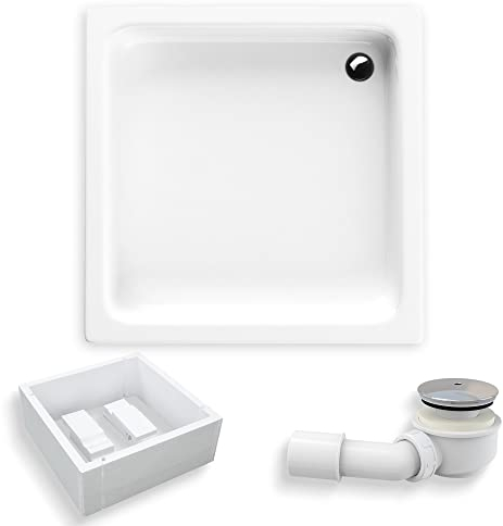 BADLAND Duschwanne 90x90 Zefir Weiß Acryl Duschtasse Quadratisch mit Wannenträger; Ablaufgarnitur Ø 50 mm und Füße im SET