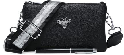 Kitise Sac à main à bandoulière en cuir vegan pour femme avec grande sangle large, Noir , Small