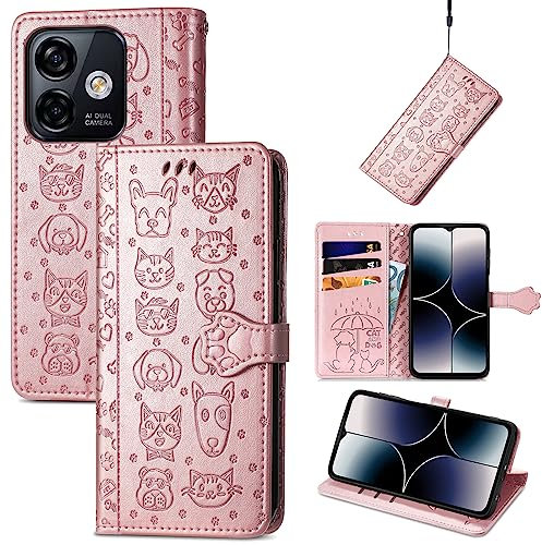 JIUNINE Coque pour Ulefone Note 16 Pro, Antichoc Housse étui en Cuir PU Flip Case Portefeuille avec Motif de Chat de Dessin animé [Porte Carte] [Magnétique] pour Ulefone Note 16 Pro, Or Rose