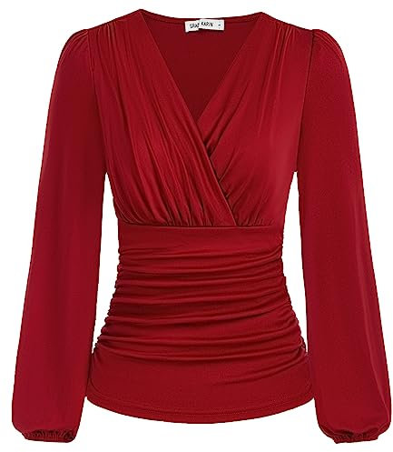 GRACE KARIN Women's Long Lantern Sleeves T Shirt Casual V Neck Blouses Tops Red M
