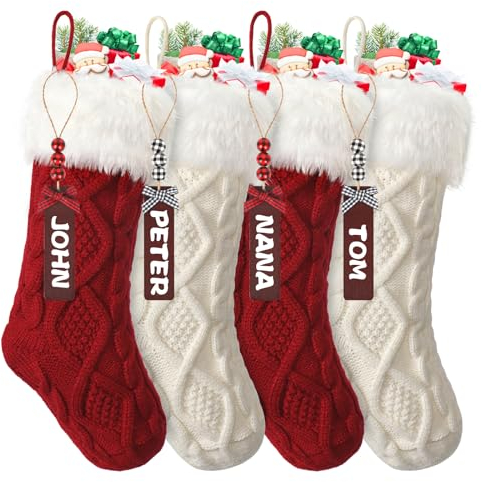 SOMYTING 4pzs Calcetines Navidad Medias Navideñas de Lana Tejida con Etiquetas con Nombre Botas de Navidad para Colgar Calcetines Navideños Papá Noel Christmas Stocking para Decoración Navideña
