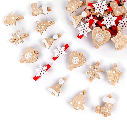 ilauke 60 Stück Dekoklammern Weihnachten, 7 Patterns Weihnachten Holz Clips, Weihnachten Wäscheklammern, Mini Holzklammern Weihnachten mit 10M Hanfseil für DIY Foto Klammern,Weihnachts Dekoration