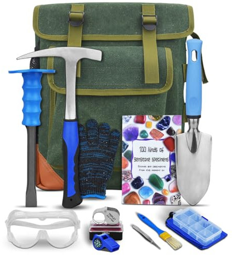 Ensemble de 13 pièces – Kit de marteau de pioche géologique, guide de terrain de Rockhound – Sac à dos burin portable et marteau de 947,2 g – Convient pour les amateurs de mines d'or, de rockhounding